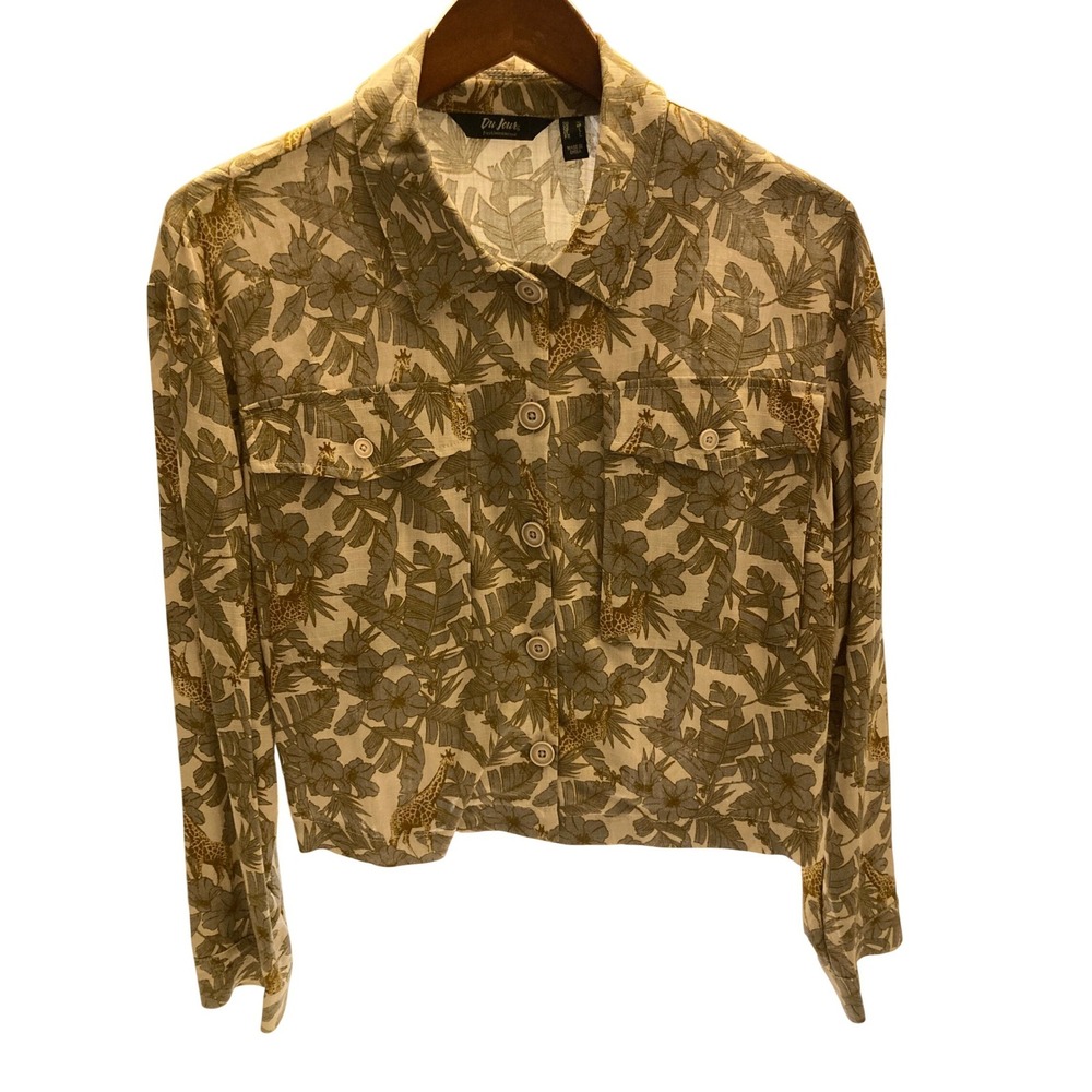 Du Jour Womens Cropped Safari Jacket Beige Giraffe Tropical Floral Print Medium